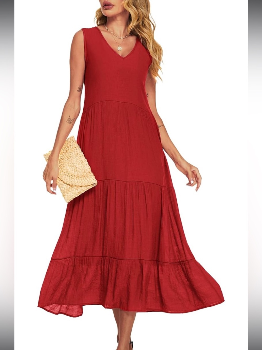 Women’s Flowy Ruffled  RedMaxi Dress With Pockets Medium
